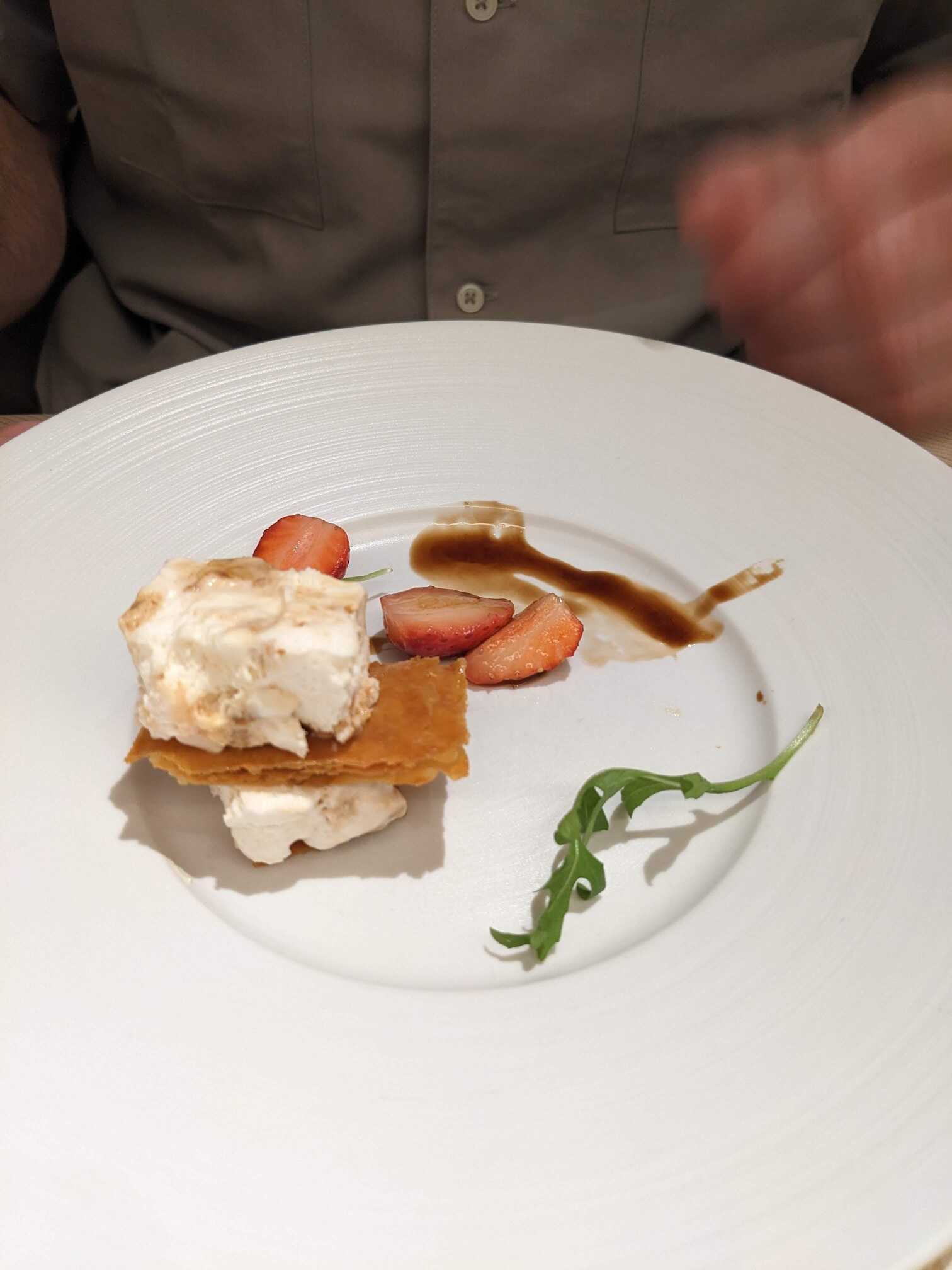 Almond semifreddo strawberry mille-feuille with balsamic sauce