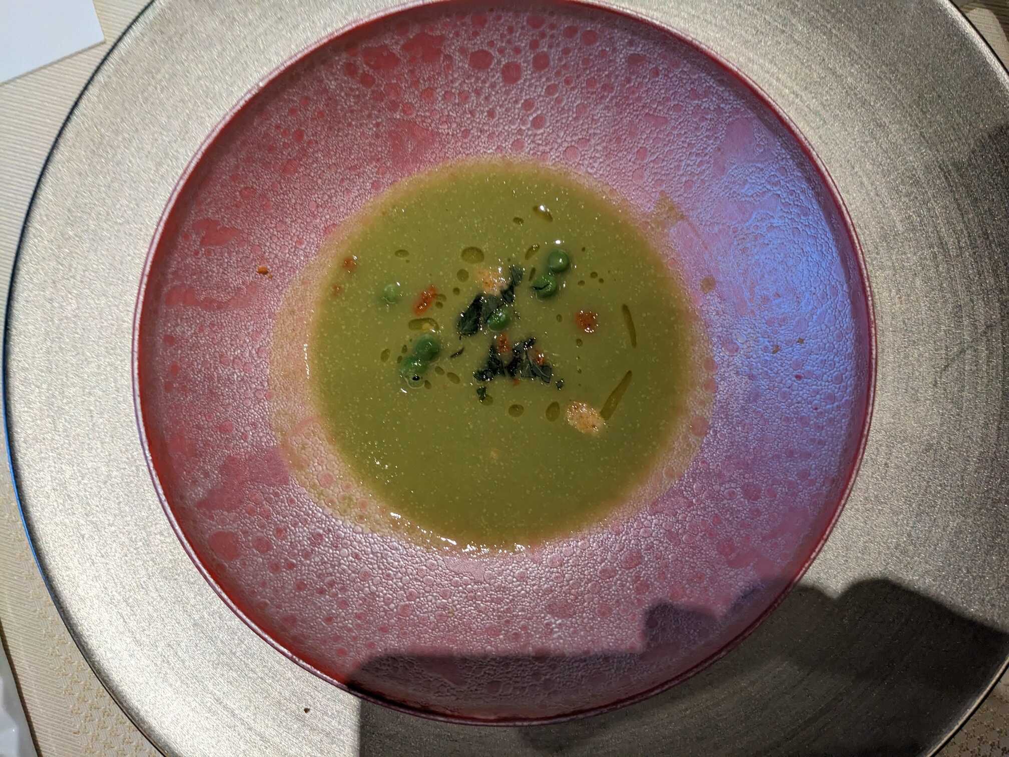 Green pea soup with pecorino romano croccante and peppermint