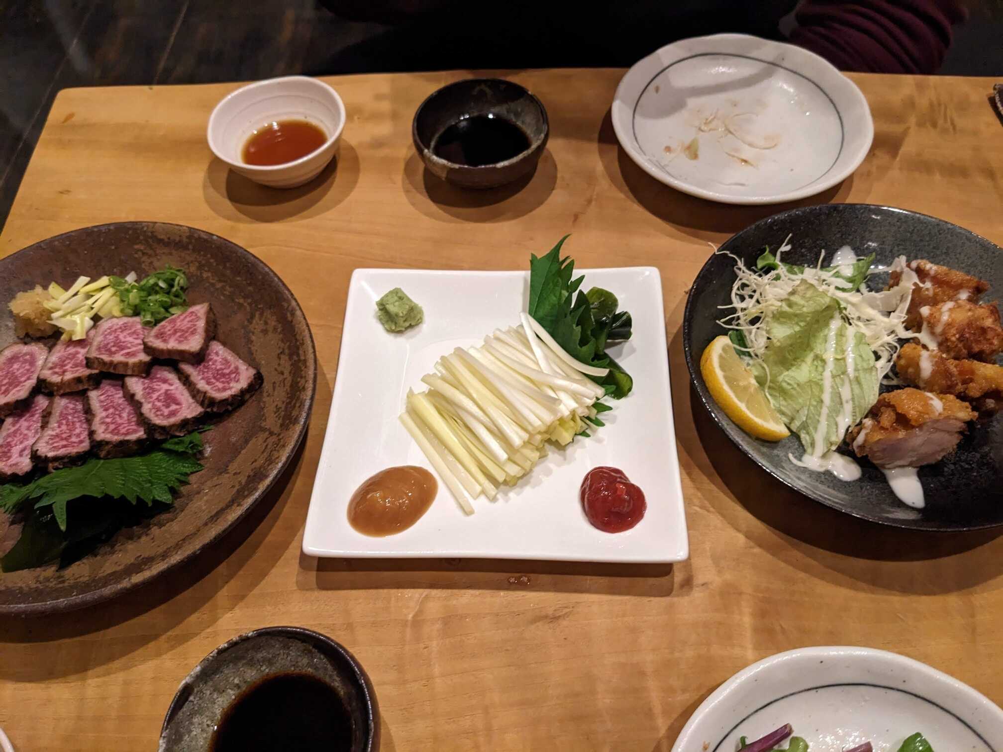 Phantom beef, a veggie, and karaage