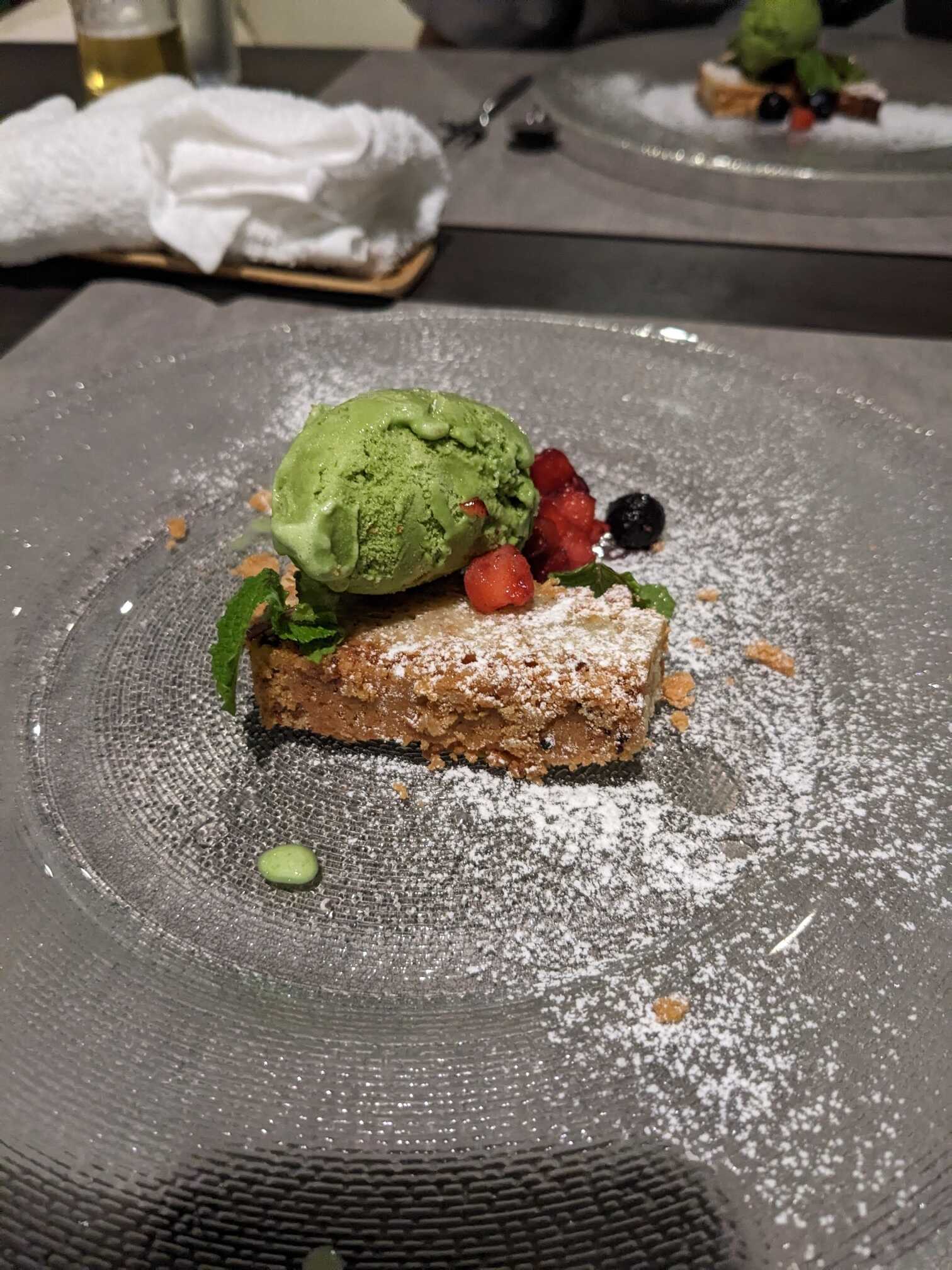 Walnut cake with matcha ice cream